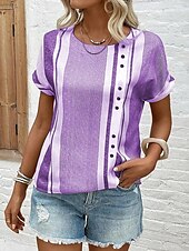 ieftine Topuri pentru femei cu dungi și geometrice-Bluza pentru Femei Chic Model Dungi cu Îmb embellishments Guler în V Mâneci Scurte Vară Primăvară Casual Zilnic Din In Fit Versatil Grau Negru Alb Spor