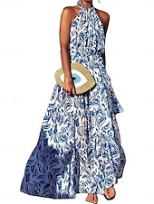 ieftine Rochii de Vacanță-Pentru femei Rochie Lunga Rochie Maxi Rochie casual Rochie leagăn Rochie A line Rochie de vară Stilat Casual Vacanță Zilnic Dată Fit regulat Floral Fără manșon Gâtul halter Albastru piscină Trifoi