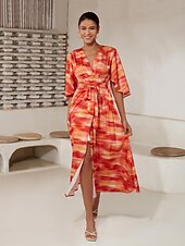 お買い得  プリントカジュアルドレス-女性用 ヘムマキシ マキシドレス ルビーレッド ハーフスリーブ シェーディング プリント 夏 Ｖネック ドレス バケーション S M L