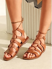 baratos Sandálias de Férias-sandálias rasteiras gladiadoras femininas – sapatos de verão com tiras abertas e design de amarração no tornozelo para estilos casuais e boho chic