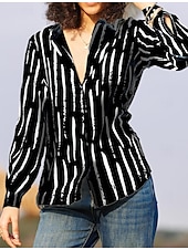 economico Top a Righe e Geometrici per Donne-Camicia da donna Basic a righe con bottoni stampa maniche lunghe maglie regolari colletto casual nera bianca primavera autunno