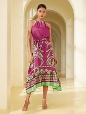  サテンの幾何学模様のノースリーブミディドレス