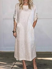preiswerte Kleider aus Baumwolle und Leinen entwerfen-Damen Schwarz Weiß Rote Sommer Frühling Maxikleid Weißes Kleid Baumwoll-Leinen-Kleider Shiftkleid Basic Modern Täglich Wochenende Lässiger Schnitt Einfach Rundhalsausschnitt