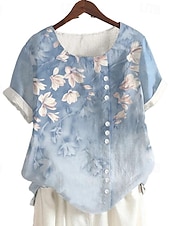 abordables Chemises-Femmes Chemise Chemises inspirées du lin Chemisier Fleuri Occasionnel Manche Courte Col ras du cou Hauts Réguliers Vacances Quotidien Imprimé Jaune Vert Claire Bleu Roi Bleu Violet Été