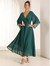 economico Abiti da festa-abito da cocktail per invitati a nozze da donna in chiffon tinta unita con volant intrecciato elegante abito lungo estivo scollo a V svasato manica a 3/4