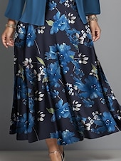 billiga Blommig klänning-Kvinnors Plus Size Midi Klänning Klänning Set Avslappnad Klänning Sväng Klänning Tryck Klänning Mode Gatu mode Blommig Tryck Lång Ärmar Rund Hals Utomhus Semester Bourgogne Mörkblå Blå Höst Vinter