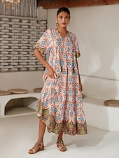 Per donna Vestito a ruota Abito Stampato Abito maxi Arcobaleno Maniche Corte Totem Nazionale Stampa Estate Scollo a V Vacanza Etnico. XS S M economico Abiti floreali-Per donna Vestito a ruota Abito Stampato Abito maxi Arcobaleno Maniche Corte Totem Nazionale Stampa Estate Scollo a V Vacanza Etnico. XS S M