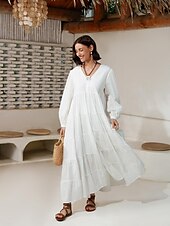 preiswerte Freizeitkleidung-Damen Lockeres Kleid Resort-Kleidung Weiß Langarm Solide / einfarbig Lang Frühling &amp; Herbst V Ausschnitt Strand Design Urlaub XS S M