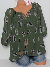 preiswerte Damen Grafik Tops-Damen Boho Bluse Federdruck Langarm V-Ausschnitt Krawattenbänder fließendes Top weiß braun lässig Strand Festivalmode entspannte Passform Frühling Sommer Kleidung