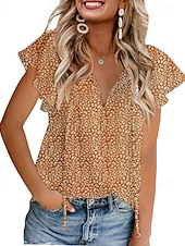 voordelige Dames eenvoudige tops-Dames Overhemd Blouse Luipaard Casual Korte mouw V-hals Normale tops Dagelijks Veters Afdrukken Zwart Geel Rood blauw Groen Zomer