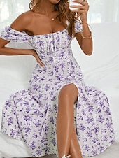 cheap Casual Floral Dresses-Women&#039;s Casual Dress Swing Dress Floral Split Print Square Neck Midi Dress Stylish Casual Daily Date Short Sleeve Summer