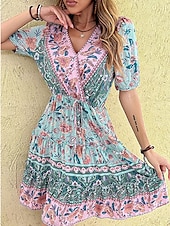 abordables Robes Bohémiennes-Femme Mini robe Robe casual Robe Trapèze Robe d&#039;été robe boheme mode Ethnique Décontractées Vacances du quotidien Rendez-vous Standard Floral Manche Courte Col V Noir Rouge Bordeaux Vert Eté