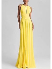 billiga GUL-Strandbröllop A-Line Aftonklänning Elegant Klänning Formell Bröllopsgäst Golvlängd Utan Ärmar Juvelhals Chiffon med Strass Glittrande Fållar