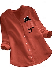 levne Základní falešné košile-Dámské Košile Bavlněné lněné košile Halenka Imitace bavlny a lnu Tisk Kočka Základní Moderní Do V Denní Bílá Žlutá Armádní zelená Rubínově červená Léto