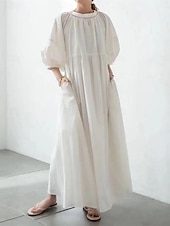 ieftine Rochii Albe Casual-Pentru femei Negru Alb Kaki Vară Primăvară Rochie Maxi Rochie albă Rochie din in bumbac De Bază Modern Zilnic Sfârșit de săptămână Potrivire Largă Simplu În V