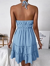ieftine Rochii de soare-Pentru femei Rochie casual Rochie Mini Fără Spate Tivul cu volan Dată Vacanță Șic Stradă De Bază Gâtul halter Fără manșon Albastru celest Culoare