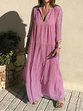 billige Uformelle blomsterkjoler-kvinners fritidskjole svingkjole blomsterprint v-hals lang kjole maxikjole tilfeldig boho daglig ferie langermet sommer