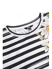 abordables T-shirt floral-T-shirt Femme Daisy Floral Rayé Imprimé Col Rond Manches Courtes Décontracté Été Haut Ajustement Régulier Tee Noir Blanc Jaune