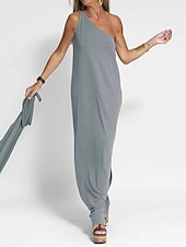 preiswerte schwarzes Maxikleid-Damen schwarzes kleid Maxidress Rückenfrei Verabredung Urlaub Strassenmode Maxi Ein-Schulter Ärmellos Schwarz Gelb Grau Farbe