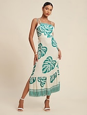 preiswerte Lässiges Kleid mit Aufdruck-Maxikleid mit One-Shoulder-Träger aus Satin mit Palmenblättern