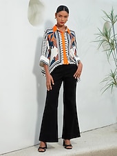 voordelige Blouses &amp;amp; Shirts-Dames Satijnen zijden overhemd Plaid / Gestreept / Chevron Bloem / Planten Alledaagse kleding Magyaarse mouw Zwart Kleurenblok Opdrukken meetkundig 3/4-Lengte Mouw Modern eigentijds Overhemdkraag
