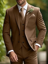 abordables Trajes de boda-De los hombres Boda de otoño Trajes Muesca Burdeos Caqui Diario Negocios Color sólido Ajustado Juego de 3 piezas Recto 2 botones