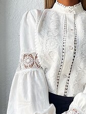 voordelige Elegante topjes-Overhemd Blouse Dames Wit Effen Kant nappi Straat Dagelijks Modieus Normale pasvorm Lantaarn mouw S
