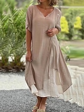 abordables concevoir des robes en coton et lin-Femmes Noir Rose Claire Bleu Été Printemps Robe Midi Robes en coton et lin Robe Décontractée Basique Moderne Quotidien Week-end Coupe Ample Uni Col fendu