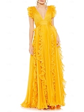 abordables Robes pour invitées de mariage-Robe de cérémonie invitée de mariage en A tenue de soirée robe de fête longueur maxi sans manches col en V en mousseline dos en V avec plis