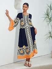 billige uformell kjole med trykk-Dame Resort Wear Maxikjole Navyblå 3/4 ermer Folk Printer Vår sommer V-hals Fritid Strandferie XS S M