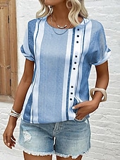 ieftine Topuri pentru femei cu dungi și geometrice-Bluza pentru Femei Chic Model Dungi cu Îmb embellishments Guler în V Mâneci Scurte Vară Primăvară Casual Zilnic Din In Fit Versatil Grau Negru Alb Spor