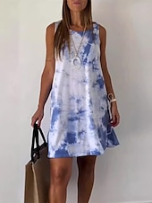 baratos Vestidos-Mulheres Minivestido Vestidos inspirados em linho Vestido casual Vestido Tipo Regata Longa Vestido de verão Casual Férias Diário Normal Tintura Tie Dye Sem Manga Gola Redonda Branco Azul cáqui