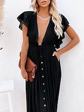 preiswerte Kleider aus Baumwolle und Leinen entwerfen-Damen Maxikleid Leinen-inspirierte Kleider Weißes Kleid Schwingkleid Sommerkleid Streetwear Maxi Basic Urlaub Ferien Strand Lässiger Schnitt Kurzarm V Ausschnitt Schwarz Weiß Khaki Beige Sommer