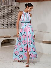 preiswerte Elegante Blumenkleider-Damen Neckholder-Kleid Kleid drucken Maxidress Gelb Blau Ärmellos Blumen / Pflanzen Rückenfrei Elastische Taille Print Sommer Halfterhals Urlaub XS S M