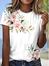 cheap Floral tee-Women&#039;s T Shirt Floral Fashion Short Sleeve Round Neck Regular Tops Vacation Weekend Print Pink Blue Gray Light Blue Summer