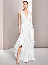 economico Abiti per feste da ballo-Abiti da prom A-Line per matrimoni in spiaggia Abito Elegante Formale Estivo Asimmetrico Senza Maniche V Collo Chiffon con Ruches