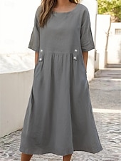 abordables concevoir des robes en coton et lin-Femmes Blanche Violet Vert Été Printemps Robe Midi Robes inspirées du lin Robe Blanche Robe Décontractée Basique Quotidien Week-end Coupe Ample Uni Col ras du cou