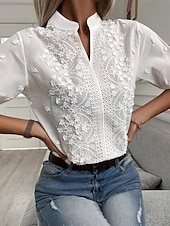 economico Top in Pizzo-Camicia Camicia in pizzo Blusa Top eleganti Per donna Bianco Liscio Occhiello Strada Giornaliero Essenziale Moderno A V Standard S