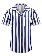 preiswerte Herrenhemd zum Knöpfen-Herren Hemd Sommerhemd Freizeithemd Kuba-Kragen-Hemd Knopfhemd Camp-Kragenhemd Schwarz Blau Kurzarm Gestreift Umlegekragen 3D-Druck Ferien Streifen Bekleidung Polyester Farbblock Klassisch Lässig