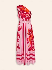 abordables robe décontractée imprimée-Femmes Robe Imprimée Robe maxi Rose Claire Sans manches Fleuri Style Floral Boucle Été Une Épaule Robes Vacances S M L