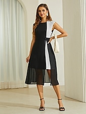 cheap Maxi Black Dress-Women&#039;s Asymmetric Hemline Color Block Dress Sleeveless with Waistband Elegant Party Black White Spring Summer Standard Fit Apparel