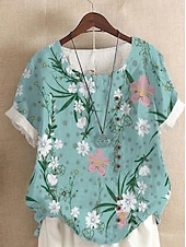 abordables Chemises-Femmes Chemise Chemises inspirées du lin Chemisier Fleuri Occasionnel Manche Courte Col ras du cou Hauts Réguliers Vacances Quotidien Imprimé Jaune Vert Claire Bleu Roi Bleu Violet Été