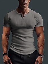 halpa Rento Henley T-paita-Miesten Lyhythihainen paita Ribbineulos T-paita T-paita Yhtenäinen väri Pit Strip Henley ei-tulostus ulko- Kausaliteetti Lyhythihainen nappi Vaatetus Urheilu Päivittäin