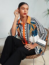 voordelige Blouses &amp;amp; Shirts-Dames Satijnen zijden overhemd Plaid / Gestreept / Chevron Bloem / Planten Alledaagse kleding Magyaarse mouw Zwart Kleurenblok Opdrukken meetkundig 3/4-Lengte Mouw Modern eigentijds Overhemdkraag