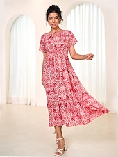 abordables Robes de vacances-robe longue en mousseline de soie à fleurs et feuilles pour femmes, col noué, manches courtes, été