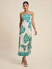 preiswerte Lässiges Kleid mit Aufdruck-Maxikleid mit One-Shoulder-Träger aus Satin mit Palmenblättern