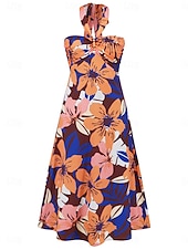 abordables Robes de vacances-Femme robe longue Robe casual Robe Évasée Robe Trapèze Robe d&#039;été mode Décontractées Vacances du quotidien Rendez-vous Standard Floral Feuille Sans Manches Dos nu Rouge Violet Orange Vert Eté