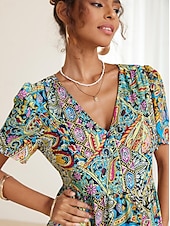 abordables Robes de vacances-robe midi bohème pour femme col en V manches courtes imprimé cachemire évasé été décontracté tissu léger et respirant coloré style bohème vacances vêtements de plage multicolore disponible en