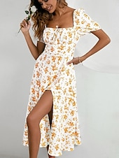 cheap Casual Floral Dresses-Women&#039;s Casual Dress Swing Dress Floral Split Print Square Neck Midi Dress Stylish Casual Daily Date Short Sleeve Summer