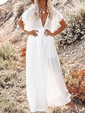 preiswerte Kleider aus Baumwolle und Leinen entwerfen-Damen Maxikleid Leinen-inspirierte Kleider Weißes Kleid Schwingkleid Sommerkleid Streetwear Maxi Basic Urlaub Ferien Strand Lässiger Schnitt Kurzarm V Ausschnitt Schwarz Weiß Khaki Beige Sommer
